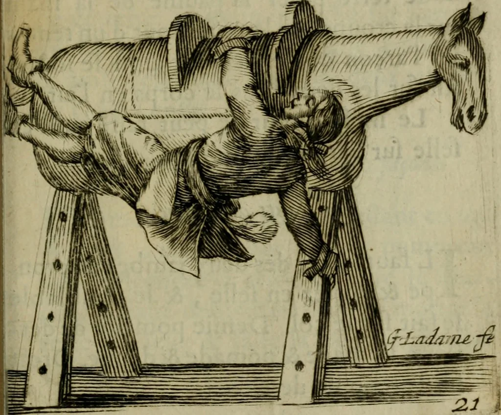 An illustration from L'escuyer françois : qui enseigne a monter a cheval et a voltiger par une methode toute particuliere, 1679, leaf 52
