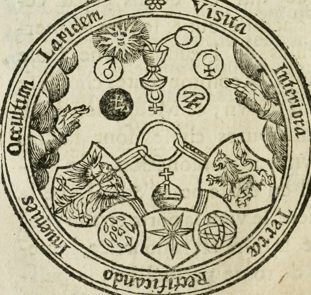 An illustration from Les dovze clefs de philosophie de frere Basile Valentin ... : traictant de la vraye medecine metalique : plus l'Azoth, ou, Le moyen de faire l'or caché des philosophes : traduction francoise, 1660, leaf 349
