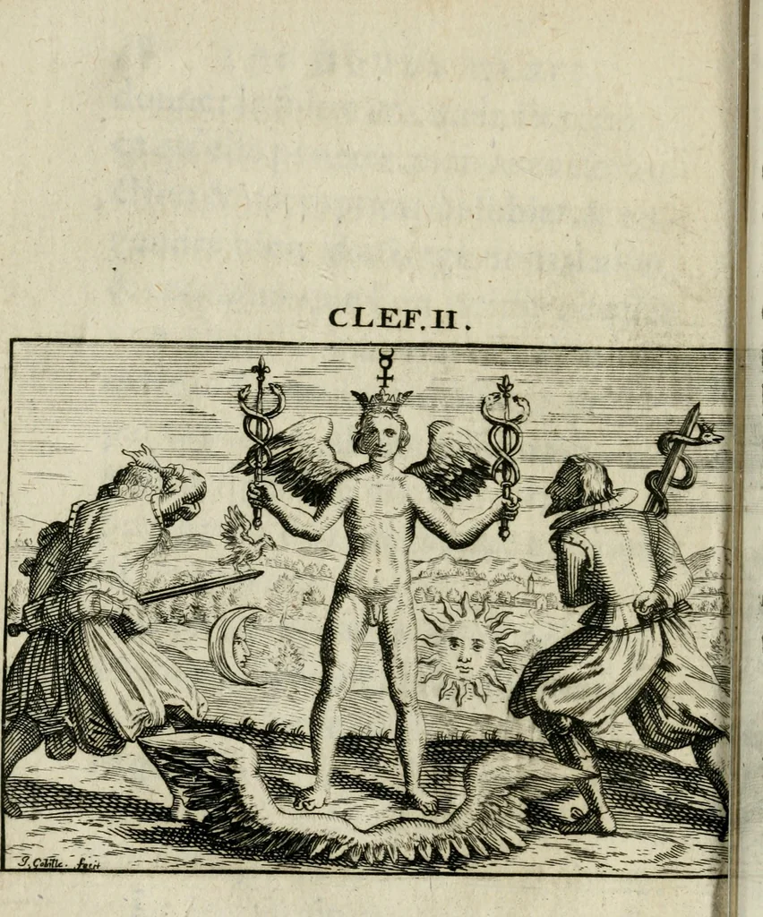 An illustration from Les dovze clefs de philosophie de frere Basile Valentin ... : traictant de la vraye medecine metalique : plus l'Azoth, ou, Le moyen de faire l'or caché des philosophes : traduction francoise, 1660, leaf 65