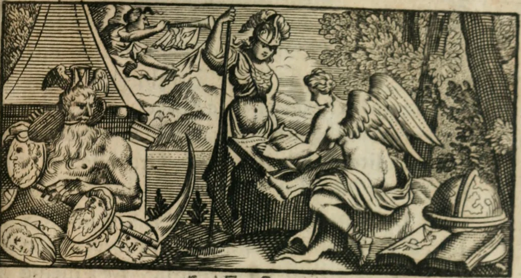 An illustration from Les Eloges des hommes scavans : tirez de l'Histoire de M. de Thou : avec des additions contenant l'abrégé de leur vie, le jugement & le catalogue de leurs ouvrages, 1697, leaf 6