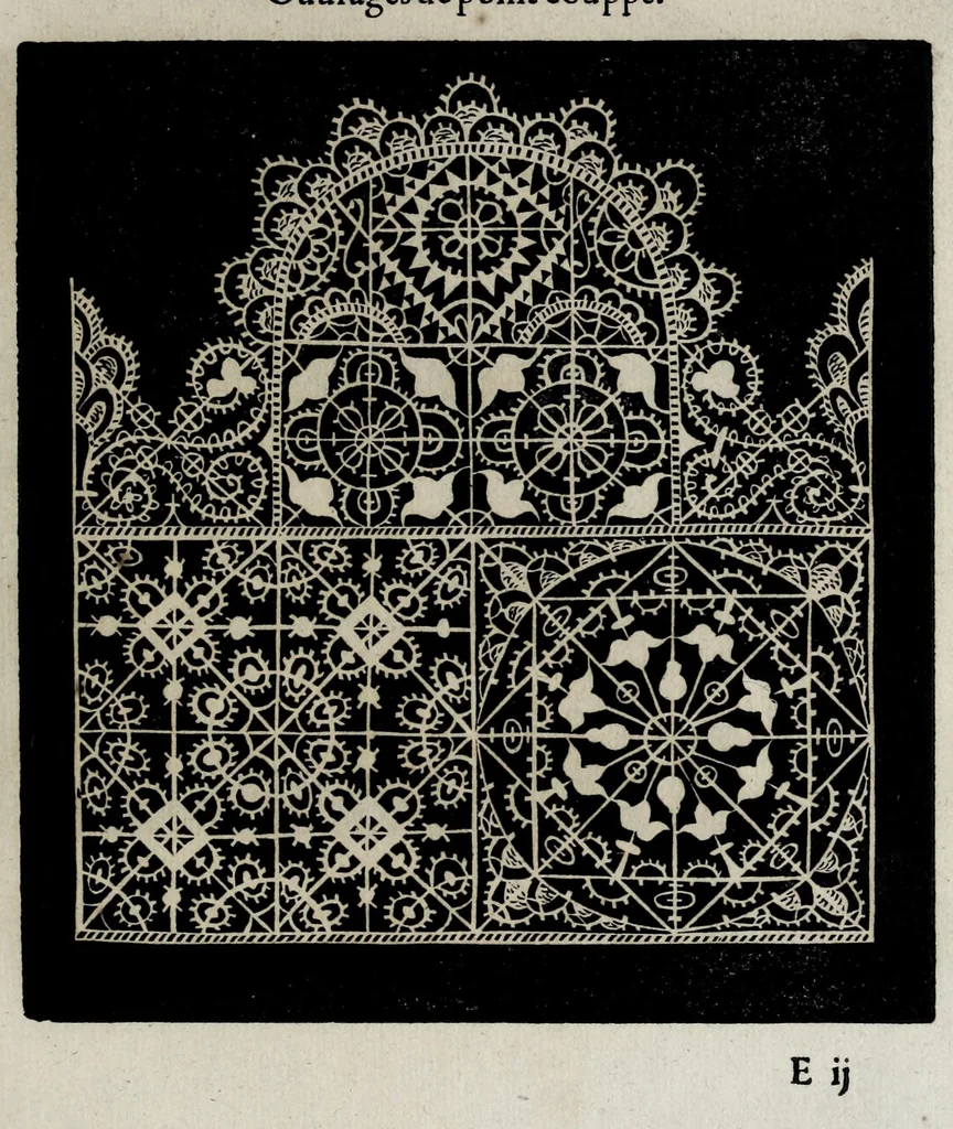 An illustration from Les excellents eschantillons, patrons et modelles du seigneur Federic de Vinciolo venitien : pour apprendre à faire toutes sortes d'ouurages de lingerie, de poinct couppé, grands et petits passements à iour, & dentelles exquises, 1623, leaf 47