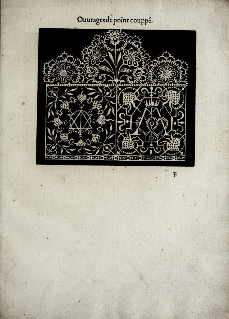An illustration from Les excellents eschantillons, patrons et modelles du seigneur Federic de Vinciolo venitien : pour apprendre à faire toutes sortes d'ouurages de lingerie, de poinct couppé, grands et petits passements à iour, & dentelles exquises, 1623, leaf 53
