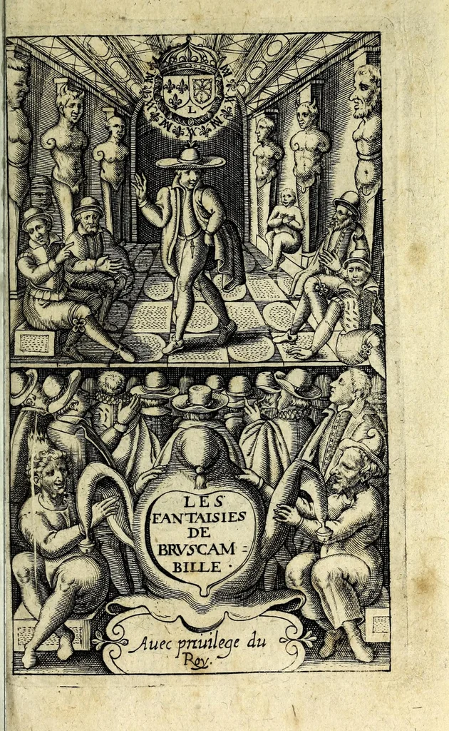 An illustration from Les fantaisies de Brvscambille : contenant plusieurs discours, paradoxes, harangues & prologues facecieux, 1615, leaf 7
