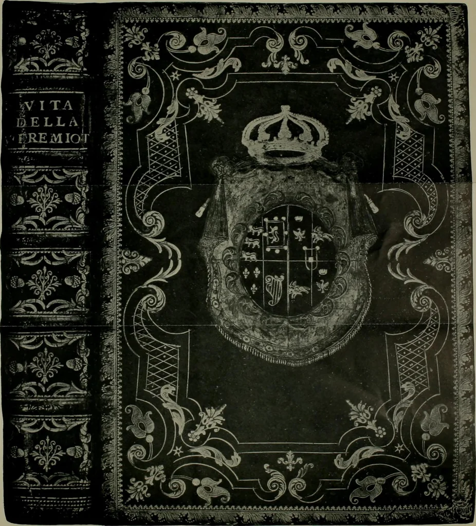 An illustration from Les femmes bibliophiles; catalogue of a collection of books bound by famous binders for royal and distinguished ladies from Marguerite de Valois to the Empress Eugénie, 1919, leaf 113