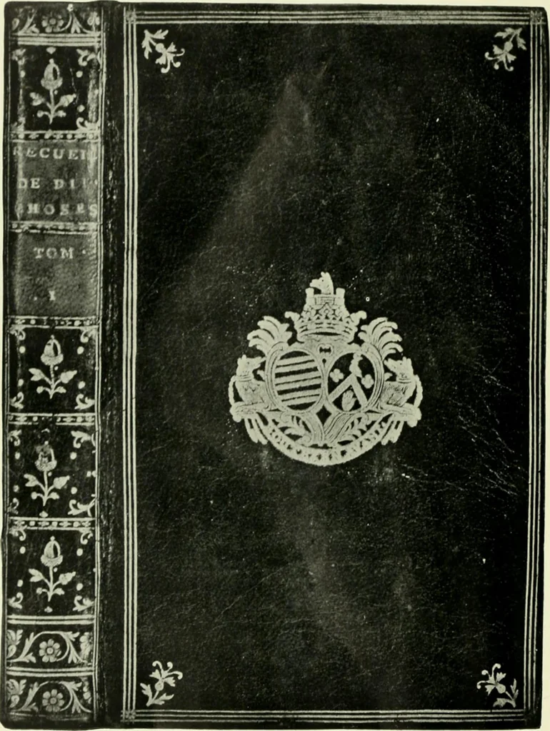 An illustration from Les femmes bibliophiles; catalogue of a collection of books bound by famous binders for royal and distinguished ladies from Marguerite de Valois to the Empress Eugénie, 1919, leaf 141