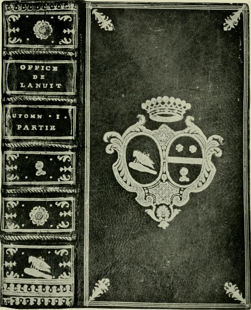 An illustration from Les femmes bibliophiles; catalogue of a collection of books bound by famous binders for royal and distinguished ladies from Marguerite de Valois to the Empress Eugénie, 1919, leaf 156