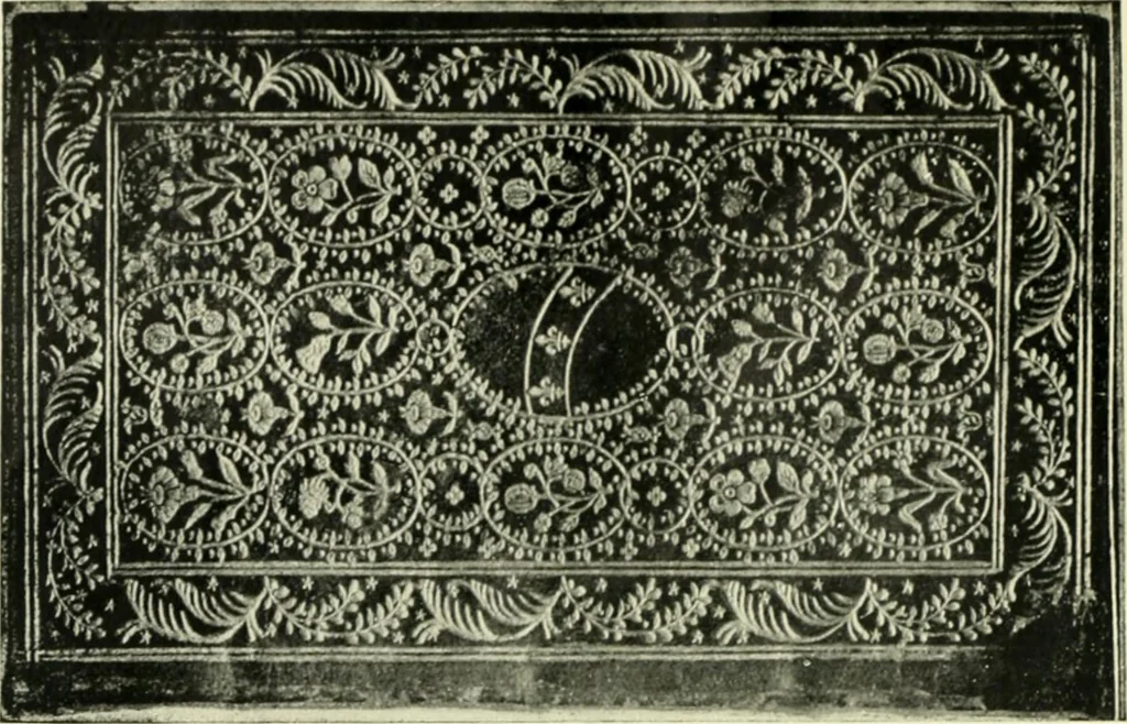 An illustration from Les femmes bibliophiles; catalogue of a collection of books bound by famous binders for royal and distinguished ladies from Marguerite de Valois to the Empress Eugénie, 1919, leaf 17