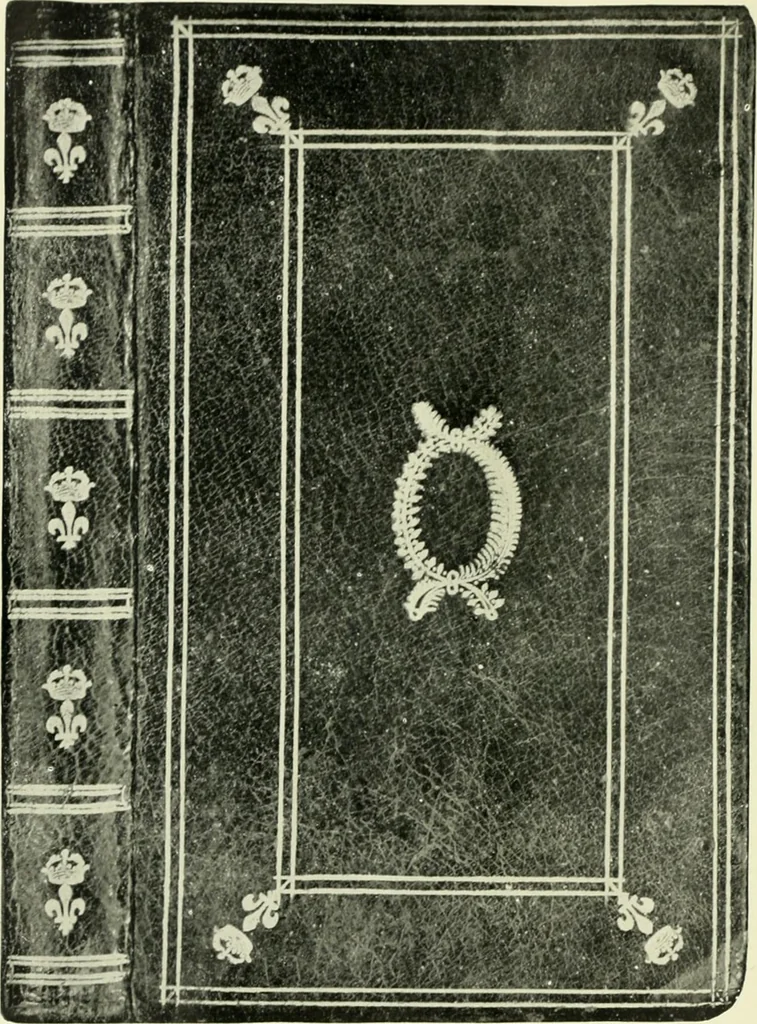 An illustration from Les femmes bibliophiles; catalogue of a collection of books bound by famous binders for royal and distinguished ladies from Marguerite de Valois to the Empress Eugénie, 1919, leaf 23