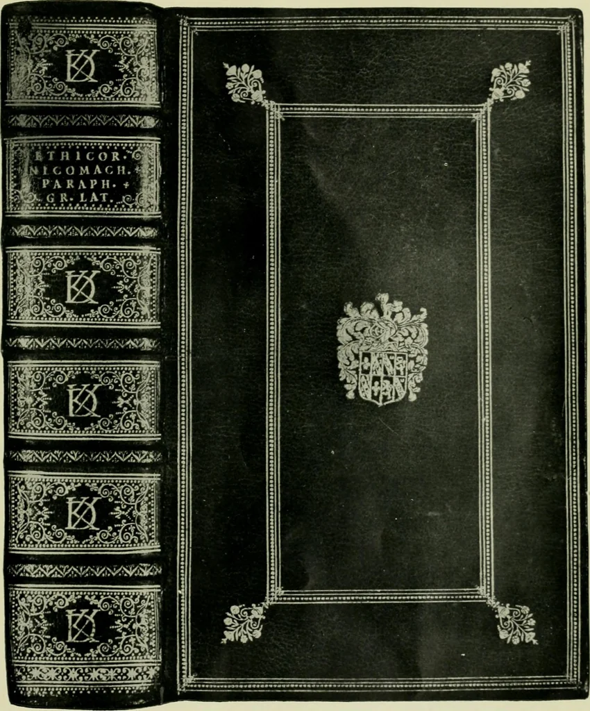 An illustration from Les femmes bibliophiles; catalogue of a collection of books bound by famous binders for royal and distinguished ladies from Marguerite de Valois to the Empress Eugénie, 1919, leaf 26