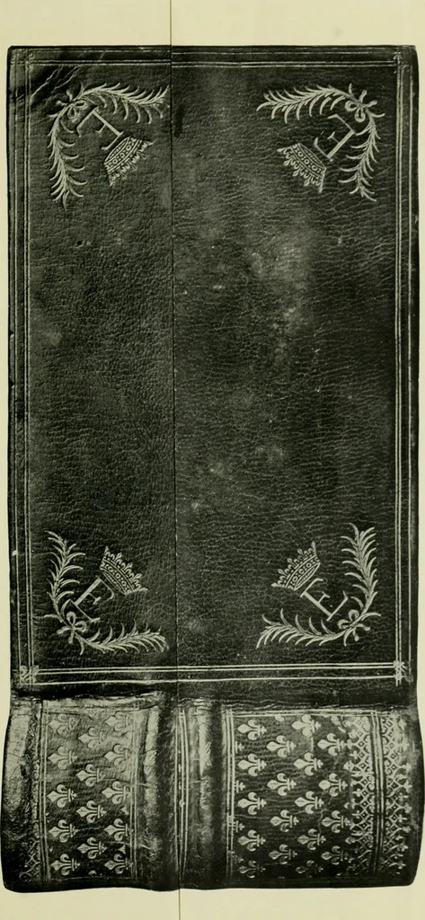 An illustration from Les femmes bibliophiles; catalogue of a collection of books bound by famous binders for royal and distinguished ladies from Marguerite de Valois to the Empress Eugénie, 1919, leaf 46