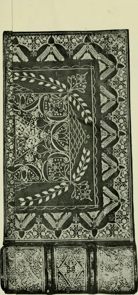 An illustration from Les femmes bibliophiles; catalogue of a collection of books bound by famous binders for royal and distinguished ladies from Marguerite de Valois to the Empress Eugénie, 1919, leaf 58