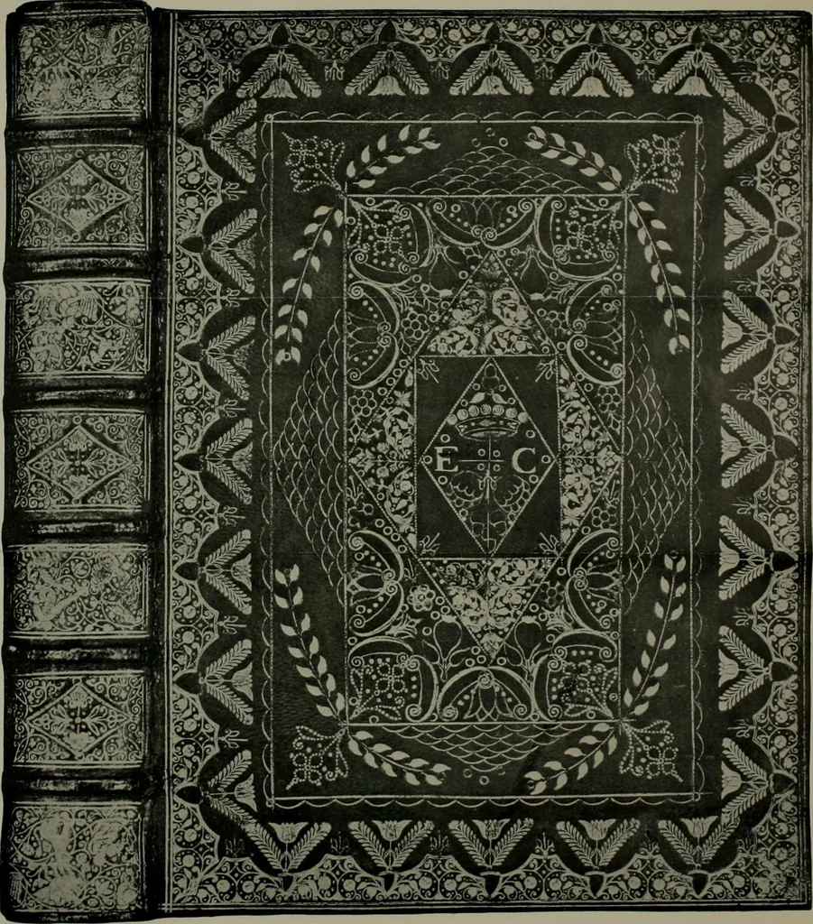 An illustration from Les femmes bibliophiles; catalogue of a collection of books bound by famous binders for royal and distinguished ladies from Marguerite de Valois to the Empress Eugénie, 1919, leaf 59