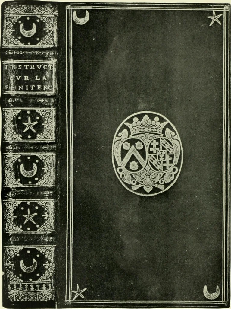 An illustration from Les femmes bibliophiles; catalogue of a collection of books bound by famous binders for royal and distinguished ladies from Marguerite de Valois to the Empress Eugénie, 1919, leaf 77