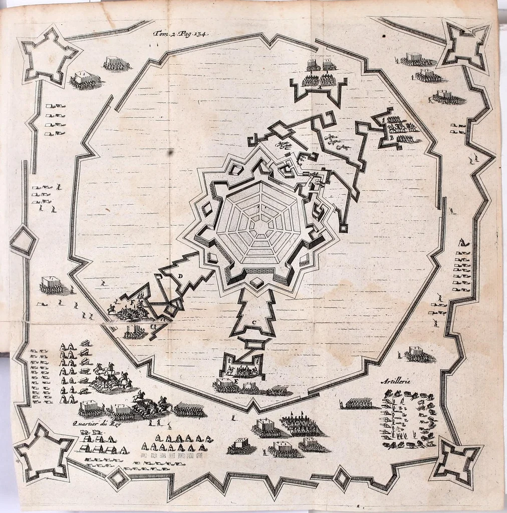An illustration from Les fonctions de tous les officiers de l'infanterie : depuis celle du sergent jusques à celle du colonel : la fortification offensive & deffensive: la maniere de construire toutes sortes de places regulieres & irregulieres : l'usage du compas de proportion, le tout representé par figures : comme aussi les evolutions militaires, l'exercice du mousquet & de la pique, telles que le roi le fait faire à ses mousquetaires & à son regiment des gardes : & l'abbregé de toutes les ordonnances & reglemens que sa majesté a fait faire depuis 1651 jusques en 1667, et aussi le rang de tous les regimens de France, 1688, leaf 133