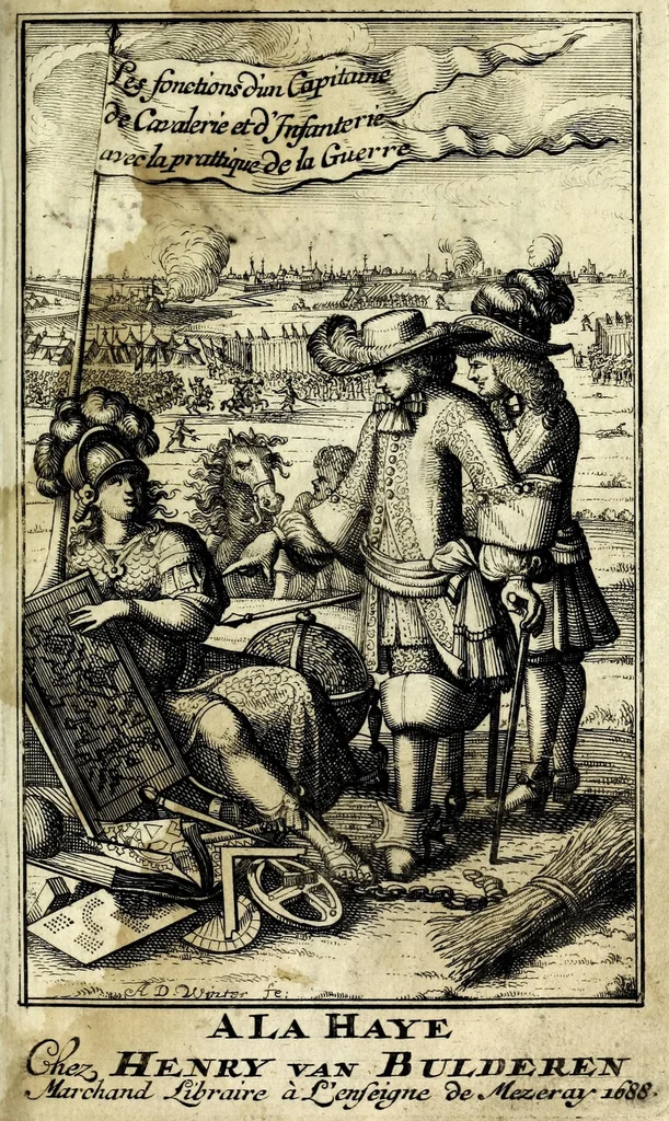 An illustration from Les fonctions du capitaine de cavalerie, & les principales de ses officiers subalternes : où les capitaines, les lieutenants, les cornettes, les maréchaux des logis, les brigadiers & les cavaliers même trouveront la maniere de s'acquitter de leurs devoirs dans chaque occasion, chacun suivant la fonction & le degré de sa charge, et par consequent de bien & fidellement servir le roy : avec un abregé des ordonnances & reglemens du roy pour la cavalerie, depuis l'année 1661 jusques en 1669 : et l'exercice de la cavalerie, 1688, leaf 3