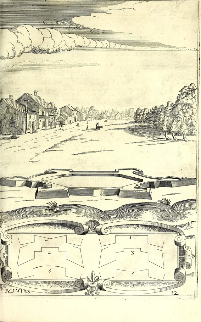 An illustration from Les fortifications du chevalier Antoine de Ville : contenans la maniere de fortifier toute sorte de places ... : avec l'ataque et les moyens de prendre les places ... : plus la defense .., 1628, leaf 105