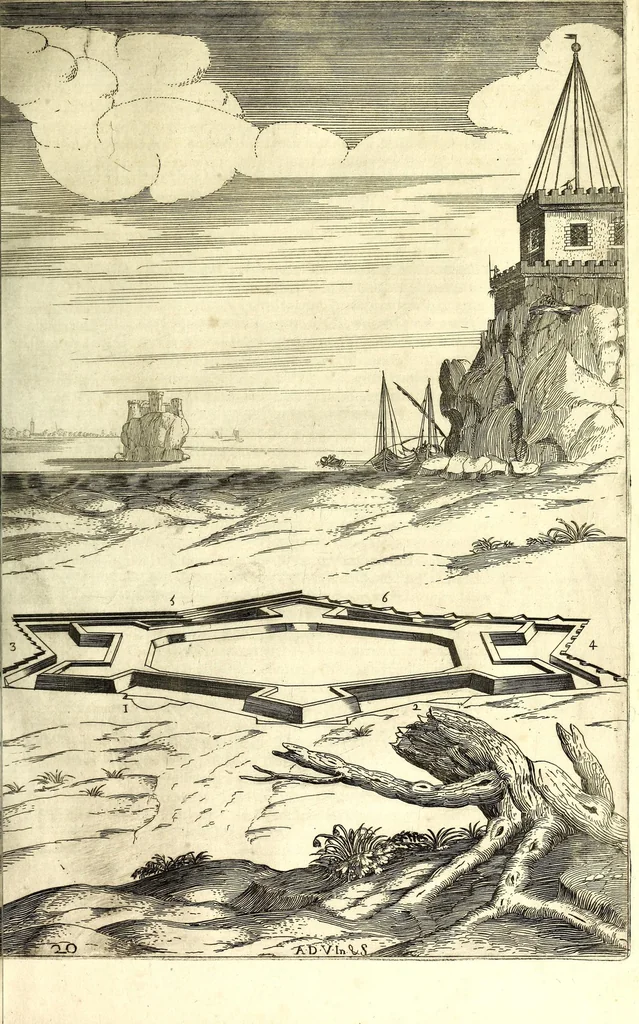 An illustration from Les fortifications du chevalier Antoine de Ville : contenans la maniere de fortifier toute sorte de places ... : avec l'ataque et les moyens de prendre les places ... : plus la defense .., 1628, leaf 159