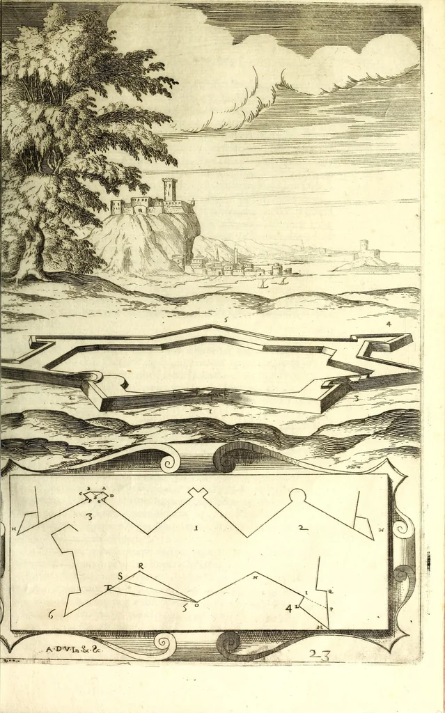 An illustration from Les fortifications du chevalier Antoine de Ville : contenans la maniere de fortifier toute sorte de places ... : avec l'ataque et les moyens de prendre les places ... : plus la defense .., 1628, leaf 173