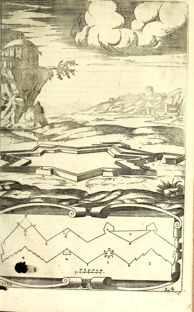 An illustration from Les fortifications du chevalier Antoine de Ville : contenans la maniere de fortifier toute sorte de places ... : avec l'ataque et les moyens de prendre les places ... : plus la defense .., 1628, leaf 177