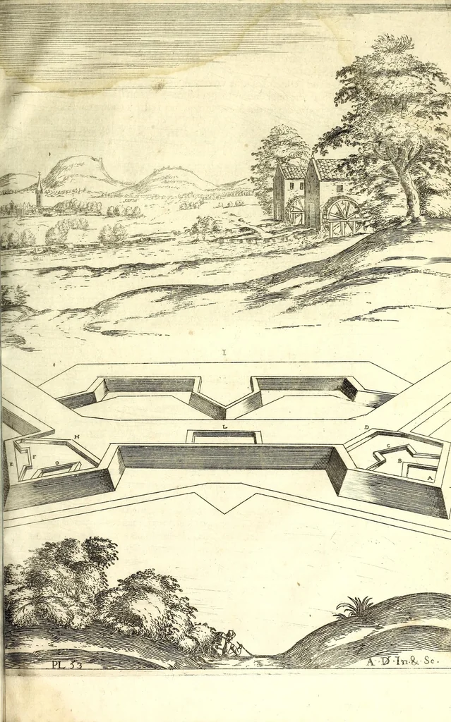 An illustration from Les fortifications du chevalier Antoine de Ville : contenans la maniere de fortifier toute sorte de places ... : avec l'ataque et les moyens de prendre les places ... : plus la defense .., 1628, leaf 465