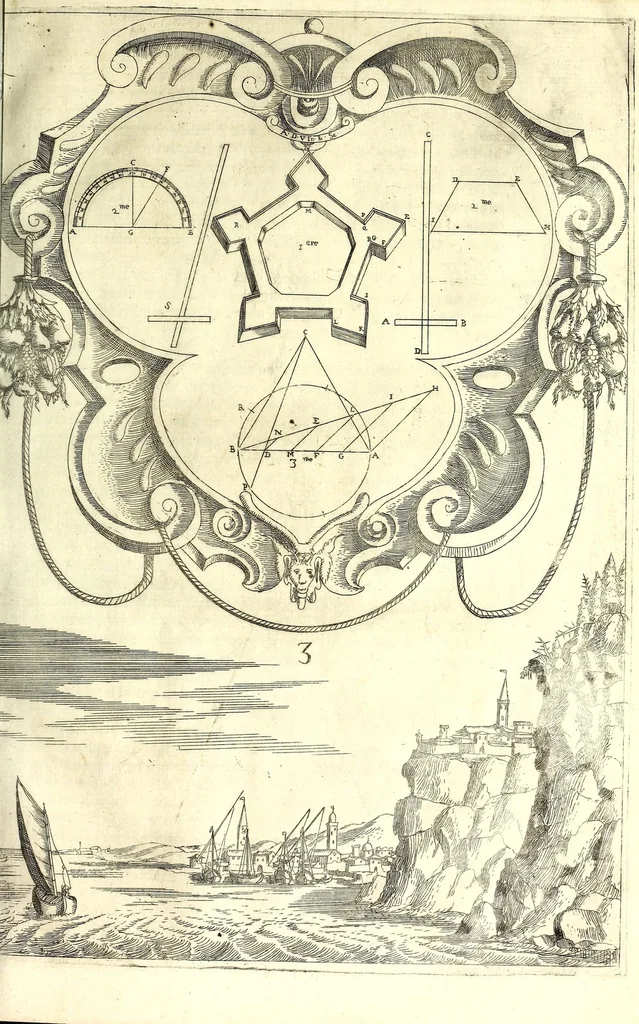 An illustration from Les fortifications du chevalier Antoine de Ville : contenans la maniere de fortifier toute sorte de places ... : avec l'ataque et les moyens de prendre les places ... : plus la defense .., 1628, leaf 59