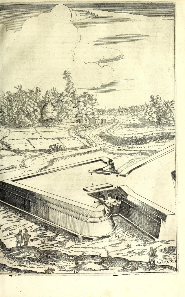 An illustration from Les fortifications du chevalier Antoine de Ville : contenans la maniere de fortifier toute sorte de places ... : avec l'ataque et les moyens de prendre les places ... : plus la defense .., 1628, leaf 95