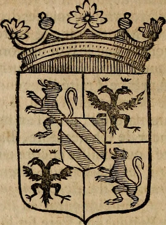 An illustration from Les généaologies historiques des rois, empereurs, &c : et de toutes les maisons souveraines qui ont subsisté jusqu'à présent, exposées dans les cartes généalogiques tirées des meilleurs auteurs, avec des explications historiques et chronologiques .., 1736, leaf 183