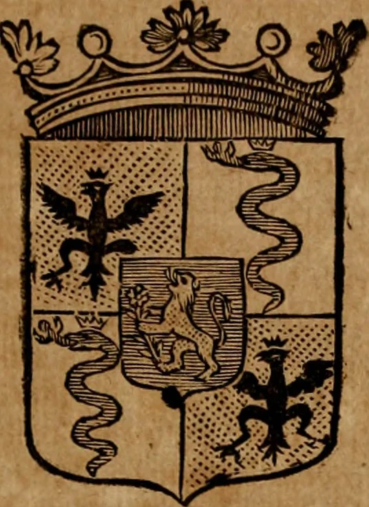 An illustration from Les généaologies historiques des rois, empereurs, &c : et de toutes les maisons souveraines qui ont subsisté jusqu'à présent, exposées dans les cartes généalogiques tirées des meilleurs auteurs, avec des explications historiques et chronologiques .., 1736, leaf 218