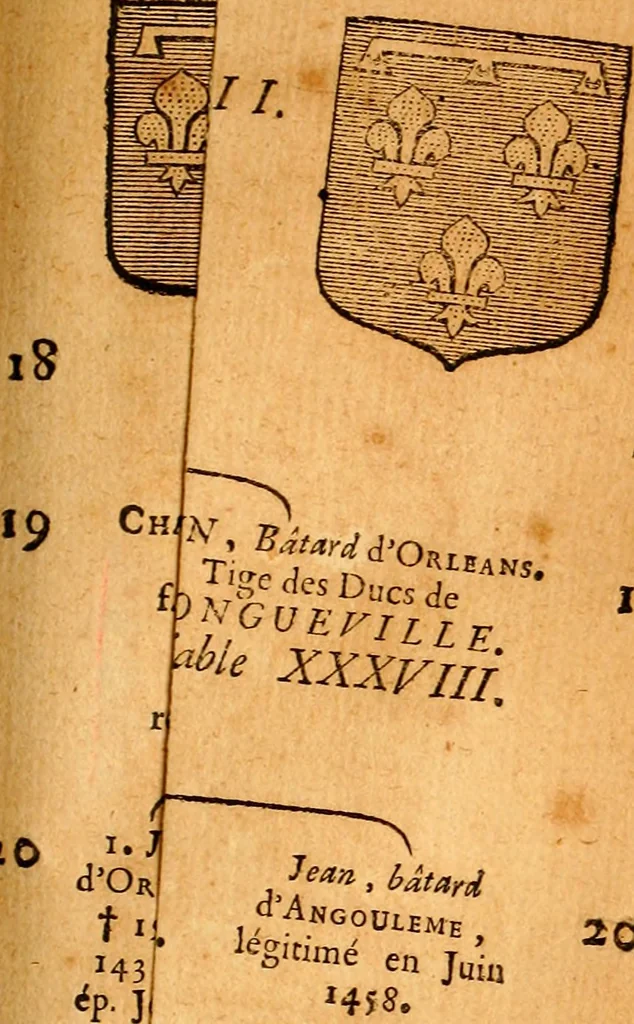 An illustration from Les généaologies historiques des rois, empereurs, &c : et de toutes les maisons souveraines qui ont subsisté jusqu'à présent, exposées dans les cartes généalogiques tirées des meilleurs auteurs, avec des explications historiques et chronologiques .., 1736, leaf 350