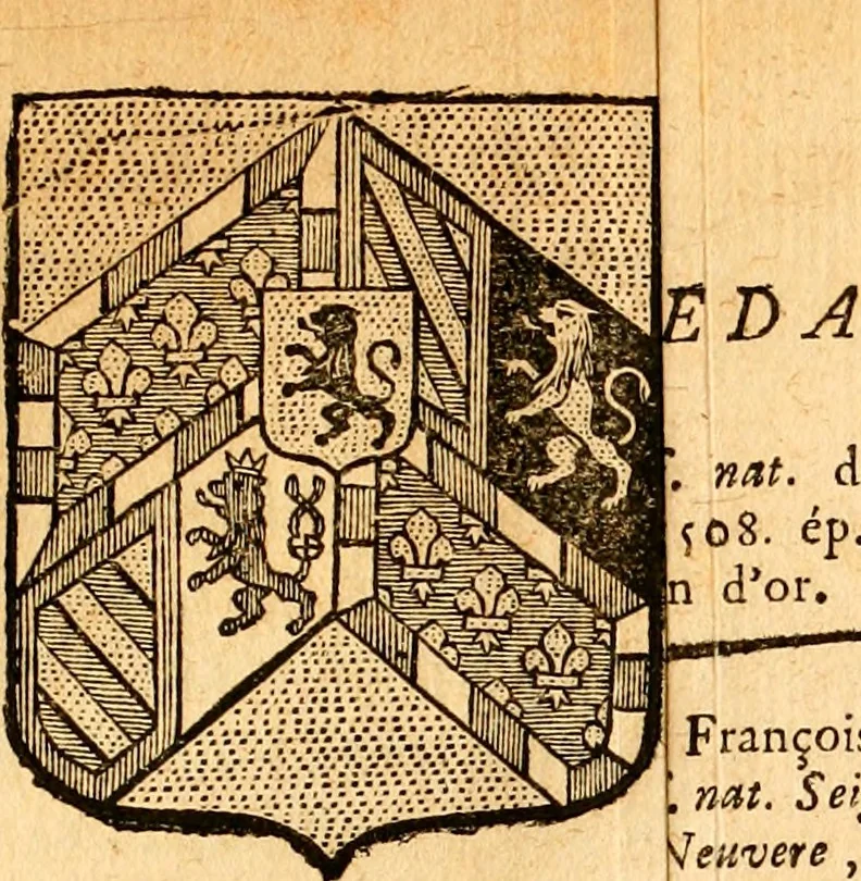 An illustration from Les généaologies historiques des rois, empereurs, &c : et de toutes les maisons souveraines qui ont subsisté jusqu'à présent, exposées dans les cartes généalogiques tirées des meilleurs auteurs, avec des explications historiques et chronologiques .., 1736, leaf 468