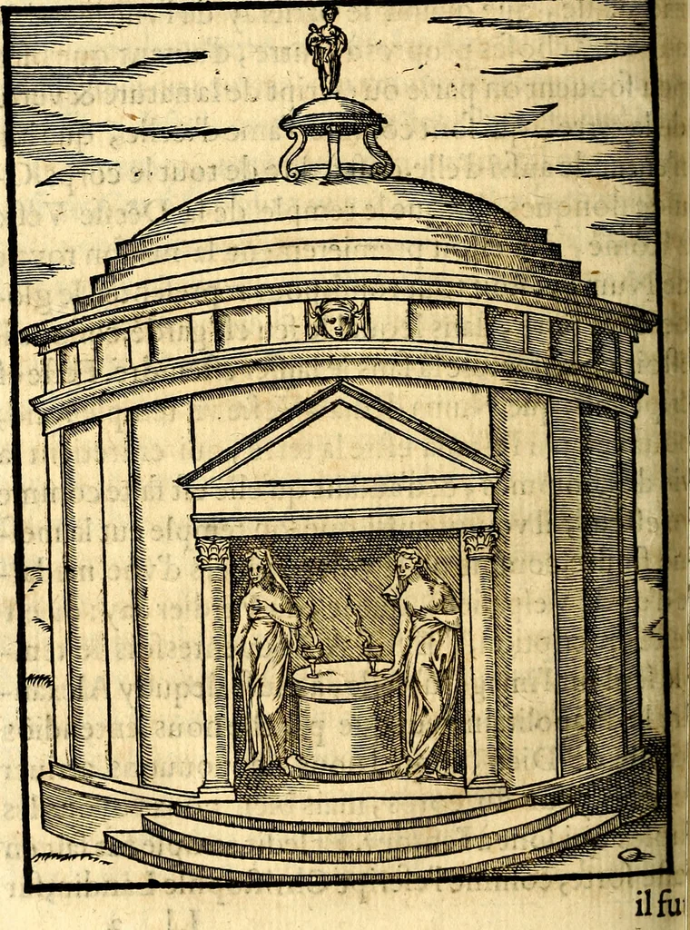 An illustration from Les images des dievx des anciens : contenans les idoles, covstvmes, ceremonies, & autres choses appartenans à la religion des payens, 1581, leaf 287