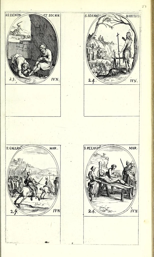 An illustration from Les images de tovs les saincts et saintes de l'année, svivant le martyrologe romain : faictes par Iacques Calat, et mis en lumiere par Israel Henriet .., 1636, leaf 121