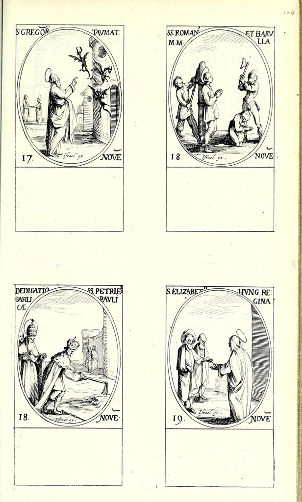 An illustration from Les images de tovs les saincts et saintes de l'année, svivant le martyrologe romain : faictes par Iacques Calat, et mis en lumiere par Israel Henriet .., 1636, leaf 223