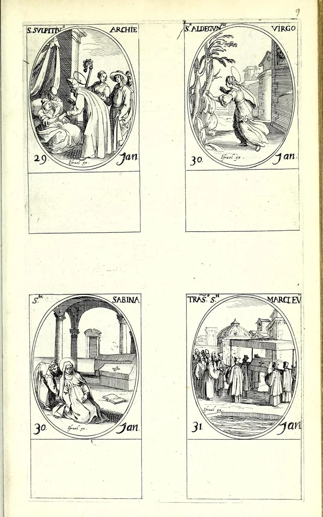 An illustration from Les images de tovs les saincts et saintes de l'année, svivant le martyrologe romain : faictes par Iacques Calat, et mis en lumiere par Israel Henriet .., 1636, leaf 33