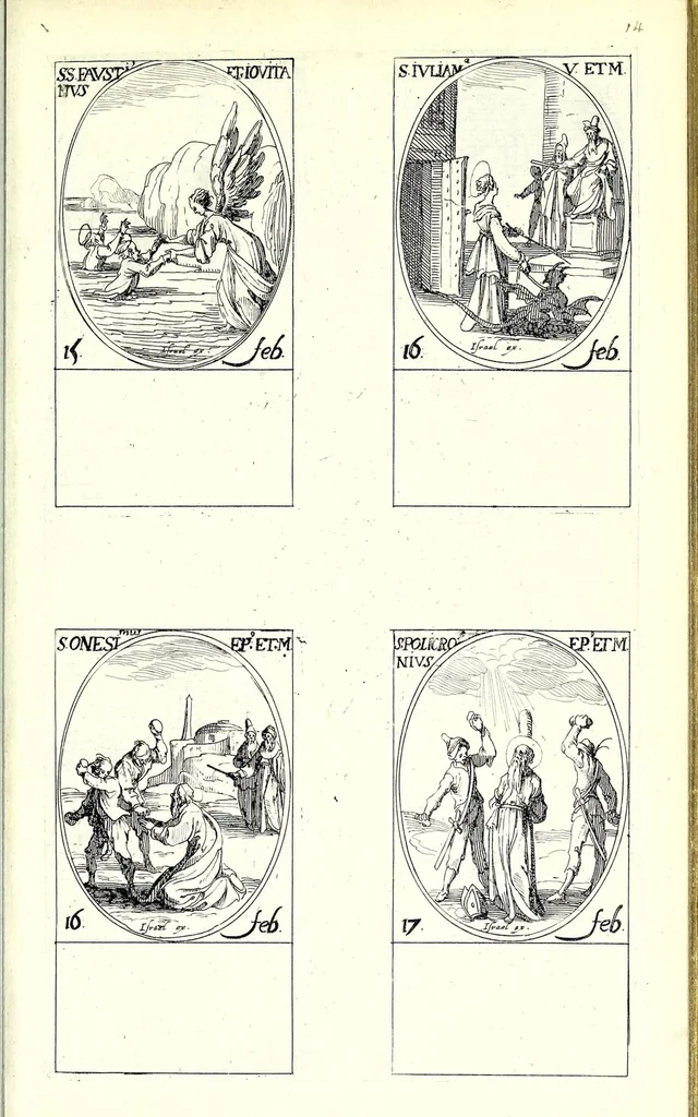 An illustration from Les images de tovs les saincts et saintes de l'année, svivant le martyrologe romain : faictes par Iacques Calat, et mis en lumiere par Israel Henriet .., 1636, leaf 43