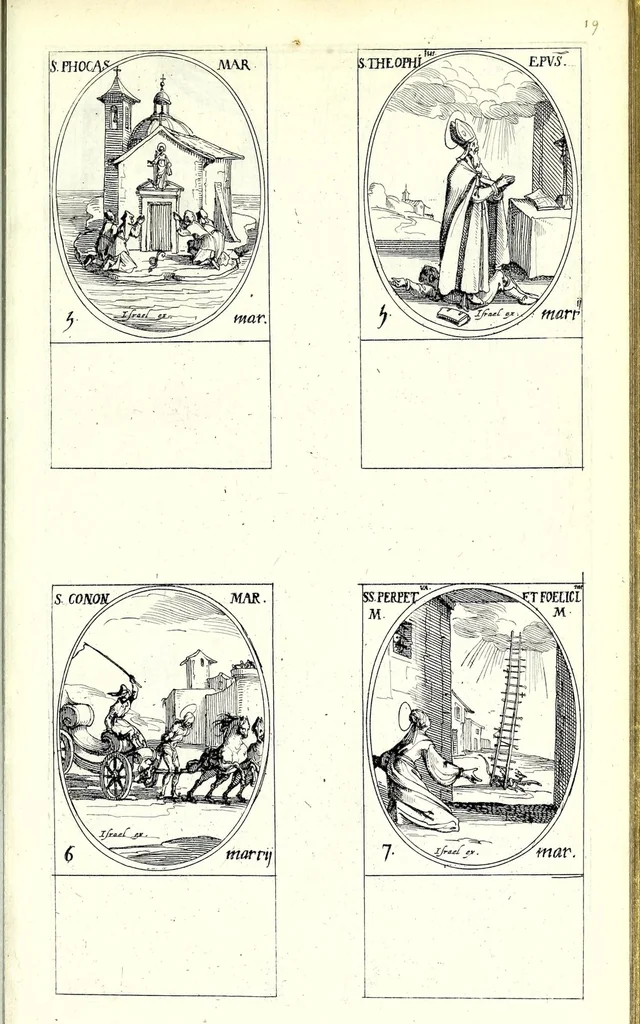 An illustration from Les images de tovs les saincts et saintes de l'année, svivant le martyrologe romain : faictes par Iacques Calat, et mis en lumiere par Israel Henriet .., 1636, leaf 53