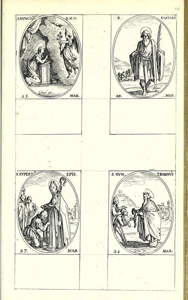 An illustration from Les images de tovs les saincts et saintes de l'année, svivant le martyrologe romain : faictes par Iacques Calat, et mis en lumiere par Israel Henriet .., 1636, leaf 67