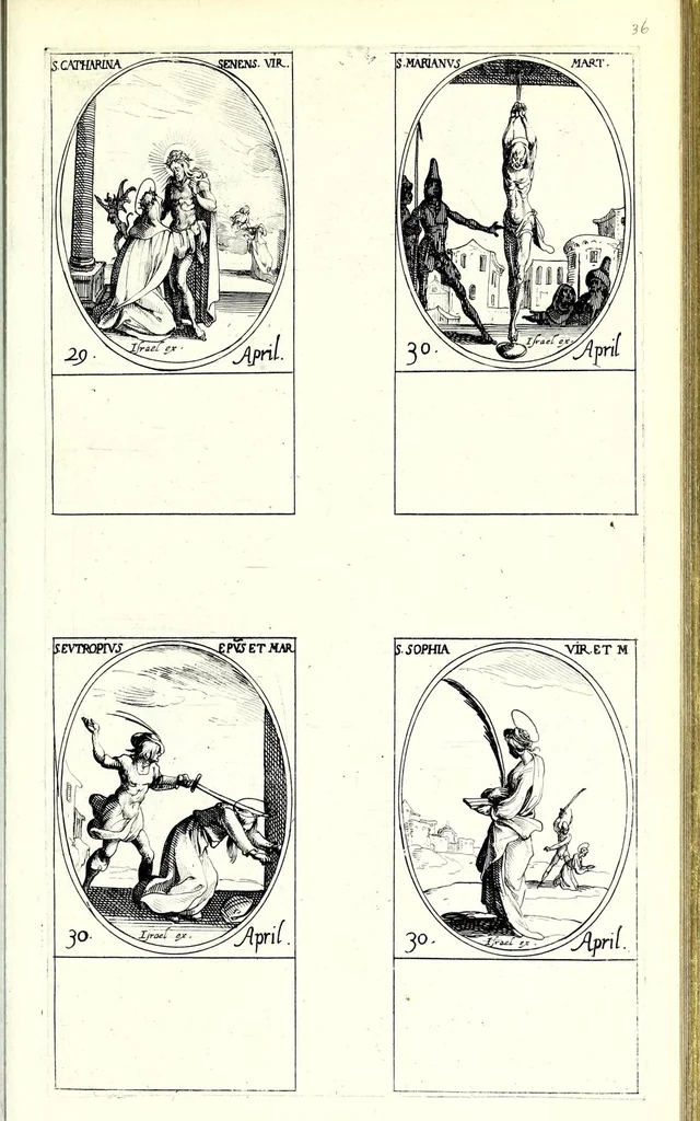 An illustration from Les images de tovs les saincts et saintes de l'année, svivant le martyrologe romain : faictes par Iacques Calat, et mis en lumiere par Israel Henriet .., 1636, leaf 87