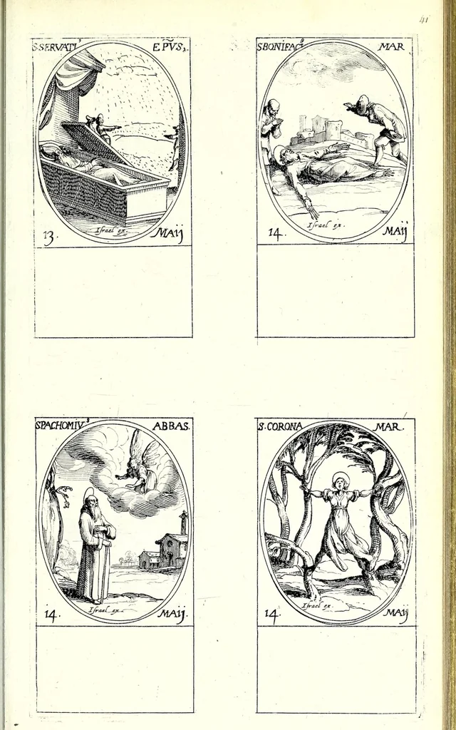 An illustration from Les images de tovs les saincts et saintes de l'année, svivant le martyrologe romain : faictes par Iacques Calat, et mis en lumiere par Israel Henriet .., 1636, leaf 97