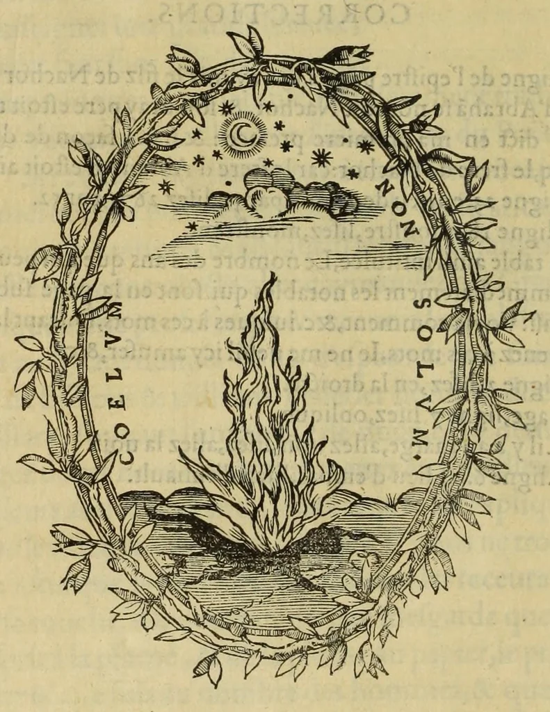 An illustration from Les institutions astronomiques : contenans les principaux fondemens et premieres causes des cours et mouvemens celestes : avec la totale revolution du ciel & de ses parties, les causes & raisons des eclipses, tant de la lune, que du soleil, 1557, leaf 336