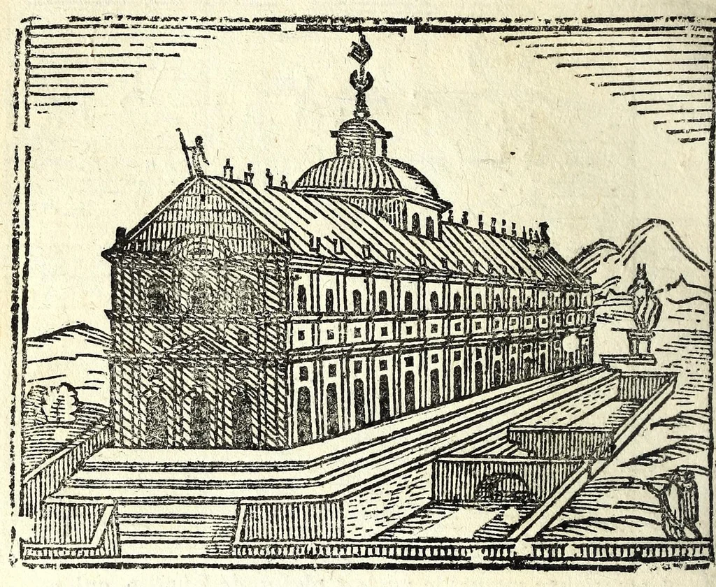 An illustration from Les merueilles de la ville de Rome : ou est traitè des eglises, stations & reliques des corps saints qui y sont : auec la guide qui enseigne aux estrangers à aysement trouuer les choses plus remarquables de Rome : ensemble les noms des papes, empereurs, & autres princes chrestiens, 1690, leaf 136