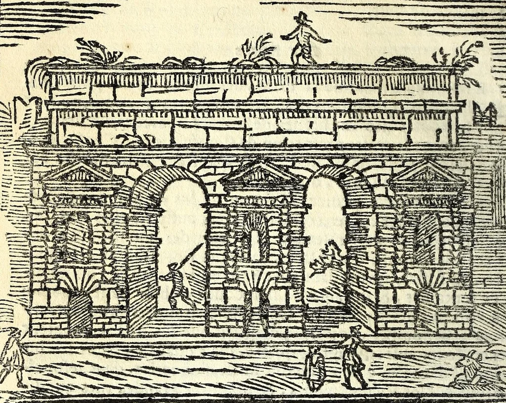 An illustration from Les merueilles de la ville de Rome : ou est traitè des eglises, stations & reliques des corps saints qui y sont : auec la guide qui enseigne aux estrangers à aysement trouuer les choses plus remarquables de Rome : ensemble les noms des papes, empereurs, & autres princes chrestiens, 1690, leaf 144