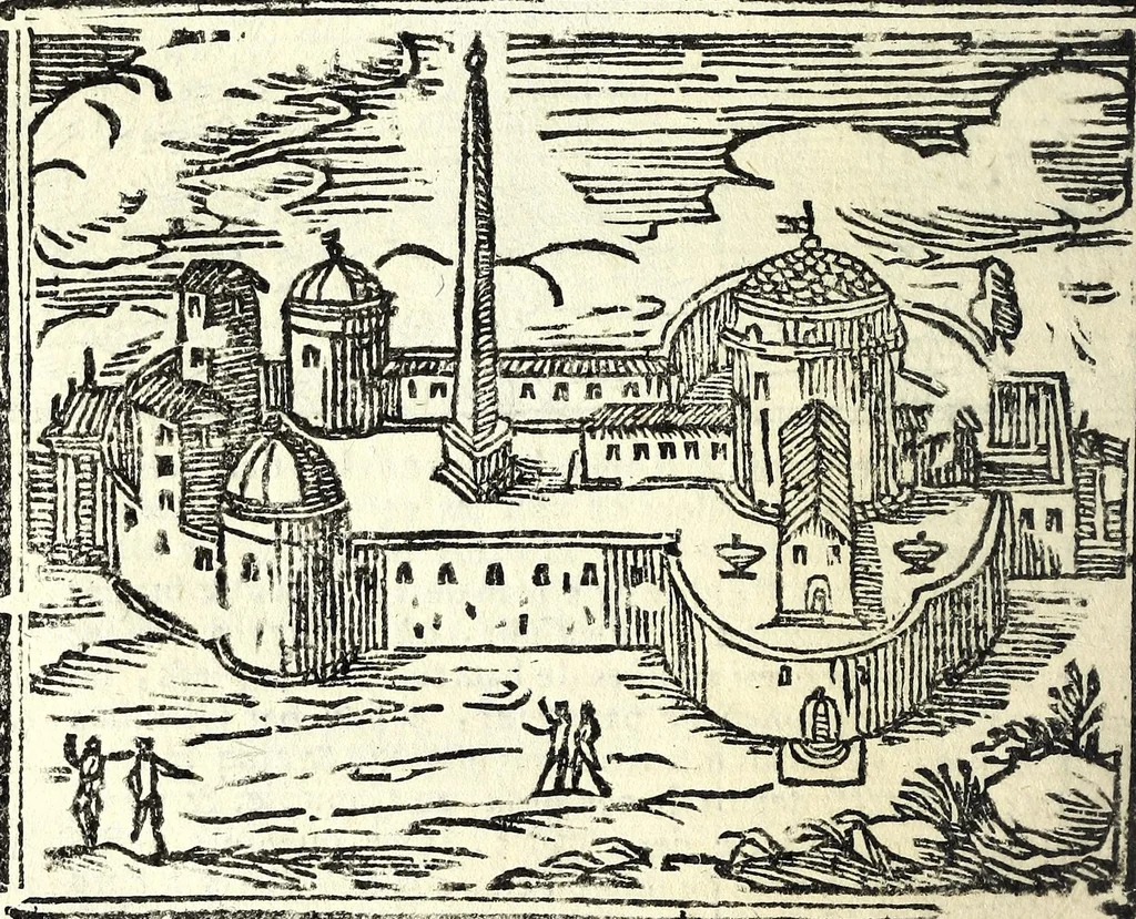 An illustration from Les merueilles de la ville de Rome : ou est traitè des eglises, stations & reliques des corps saints qui y sont : auec la guide qui enseigne aux estrangers à aysement trouuer les choses plus remarquables de Rome : ensemble les noms des papes, empereurs, & autres princes chrestiens, 1690, leaf 152