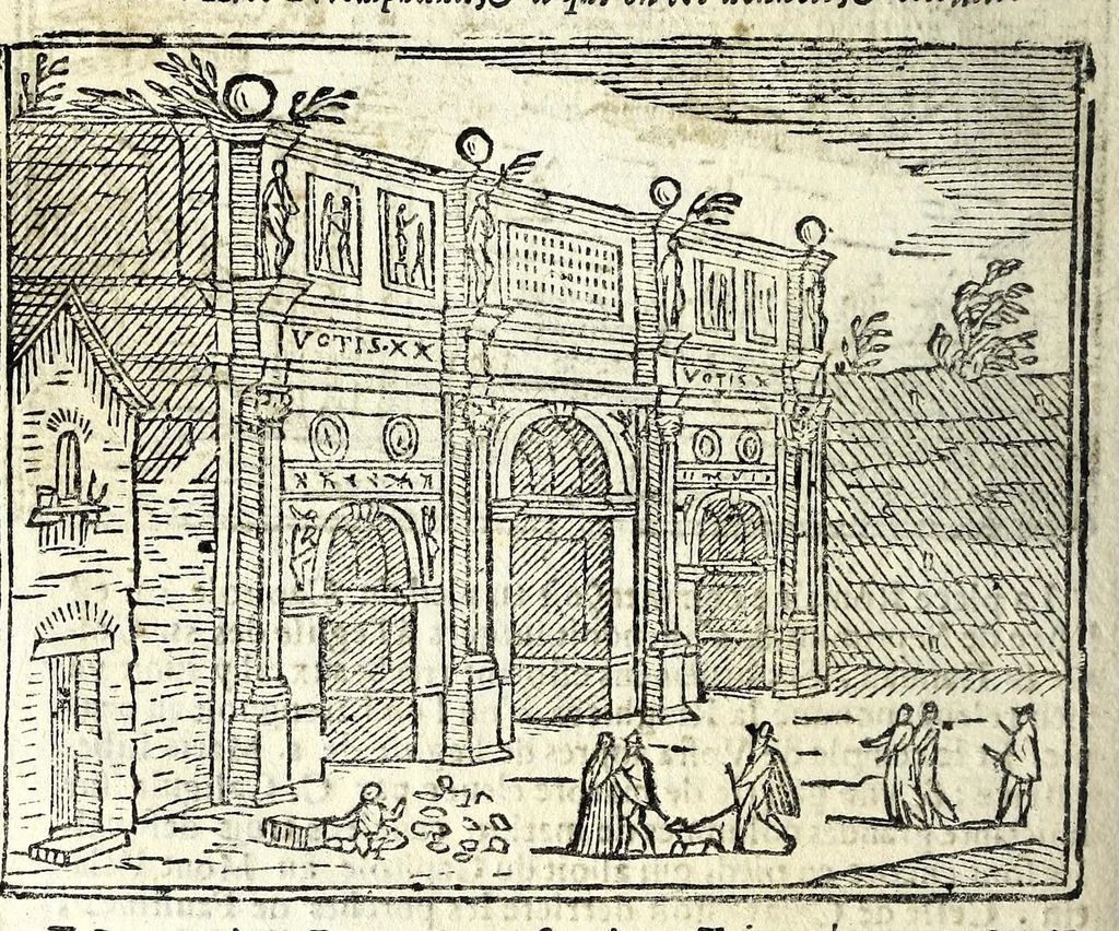 An illustration from Les merueilles de la ville de Rome : ou est traitè des eglises, stations & reliques des corps saints qui y sont : auec la guide qui enseigne aux estrangers à aysement trouuer les choses plus remarquables de Rome : ensemble les noms des papes, empereurs, & autres princes chrestiens, 1690, leaf 158