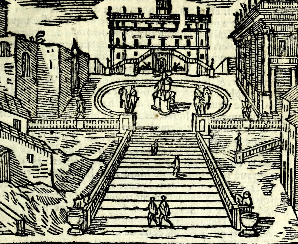 An illustration from Les merueilles de la ville de Rome : ou est traitè des eglises, stations & reliques des corps saints qui y sont : auec la guide qui enseigne aux estrangers à aysement trouuer les choses plus remarquables de Rome : ensemble les noms des papes, empereurs, & autres princes chrestiens, 1690, leaf 169