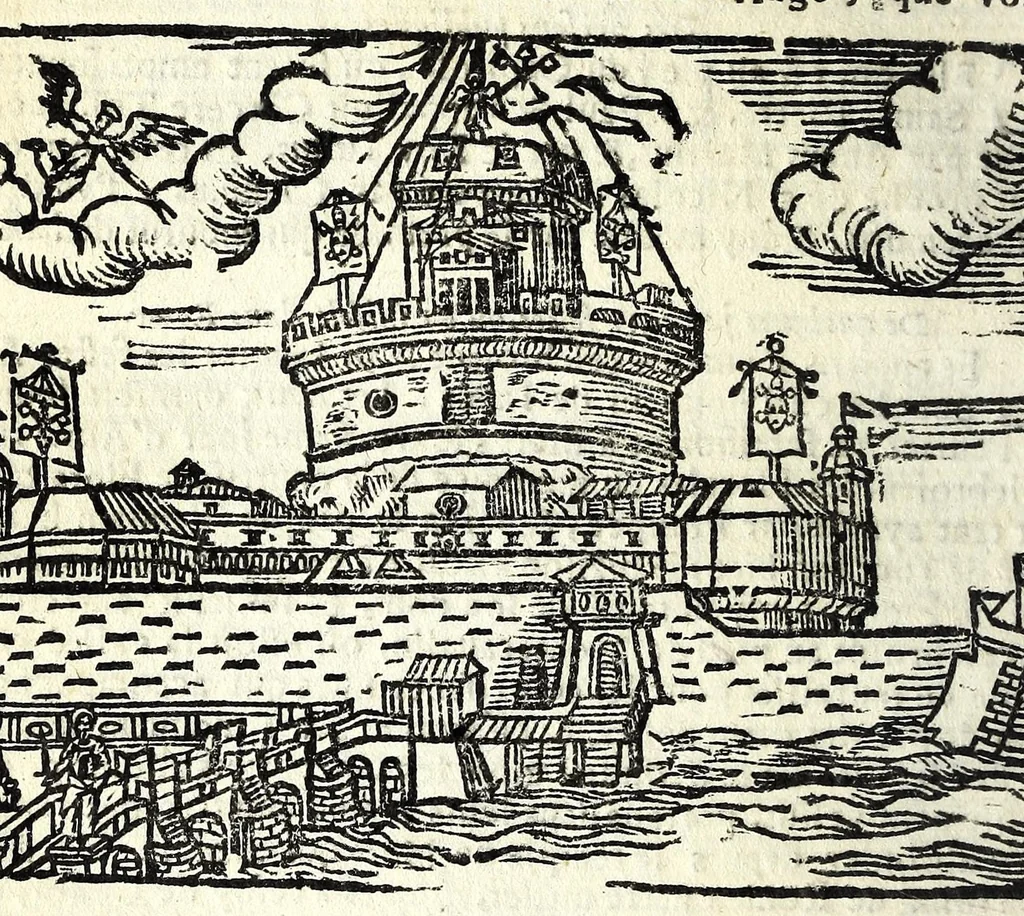 An illustration from Les merueilles de la ville de Rome : ou est traitè des eglises, stations & reliques des corps saints qui y sont : auec la guide qui enseigne aux estrangers à aysement trouuer les choses plus remarquables de Rome : ensemble les noms des papes, empereurs, & autres princes chrestiens, 1690, leaf 178