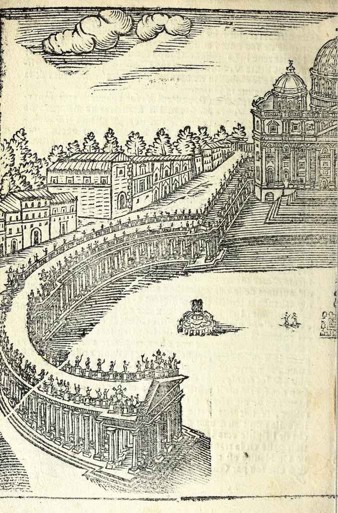 An illustration from Les merueilles de la ville de Rome : ou est traitè des eglises, stations & reliques des corps saints qui y sont : auec la guide qui enseigne aux estrangers à aysement trouuer les choses plus remarquables de Rome : ensemble les noms des papes, empereurs, & autres princes chrestiens, 1690, leaf 20