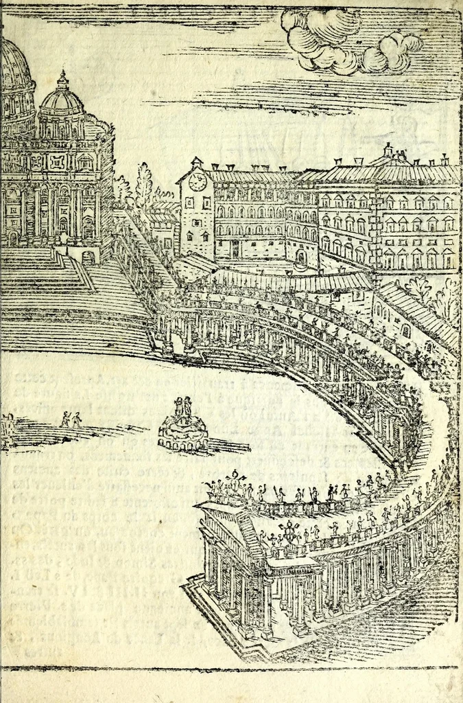 An illustration from Les merueilles de la ville de Rome : ou est traitè des eglises, stations & reliques des corps saints qui y sont : auec la guide qui enseigne aux estrangers à aysement trouuer les choses plus remarquables de Rome : ensemble les noms des papes, empereurs, & autres princes chrestiens, 1690, leaf 21