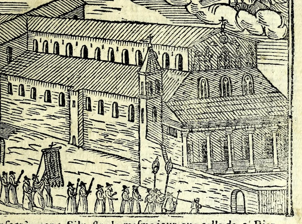 An illustration from Les merueilles de la ville de Rome : ou est traitè des eglises, stations & reliques des corps saints qui y sont : auec la guide qui enseigne aux estrangers à aysement trouuer les choses plus remarquables de Rome : ensemble les noms des papes, empereurs, & autres princes chrestiens, 1690, leaf 27