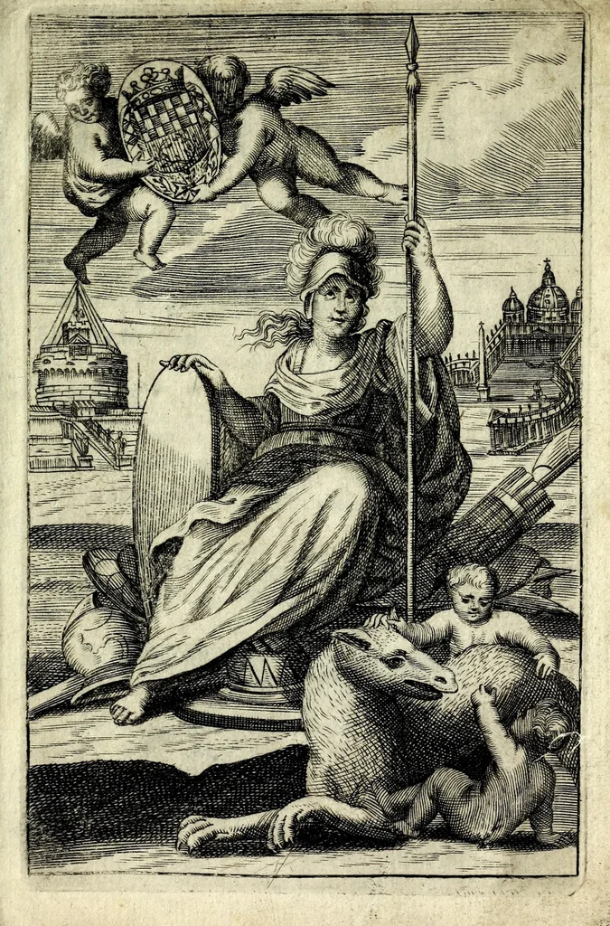 An illustration from Les merueilles de la ville de Rome : ou est traitè des eglises, stations & reliques des corps saints qui y sont : auec la guide qui enseigne aux estrangers à aysement trouuer les choses plus remarquables de Rome : ensemble les noms des papes, empereurs, & autres princes chrestiens, 1690, leaf 3